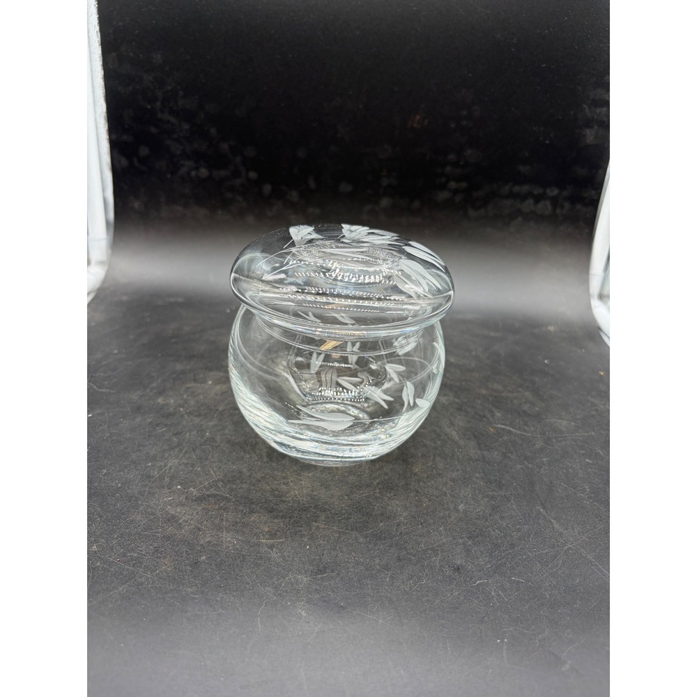 Princess House Heritage Etched Glass Round Candy Dish with Lid Clear Floral Vine